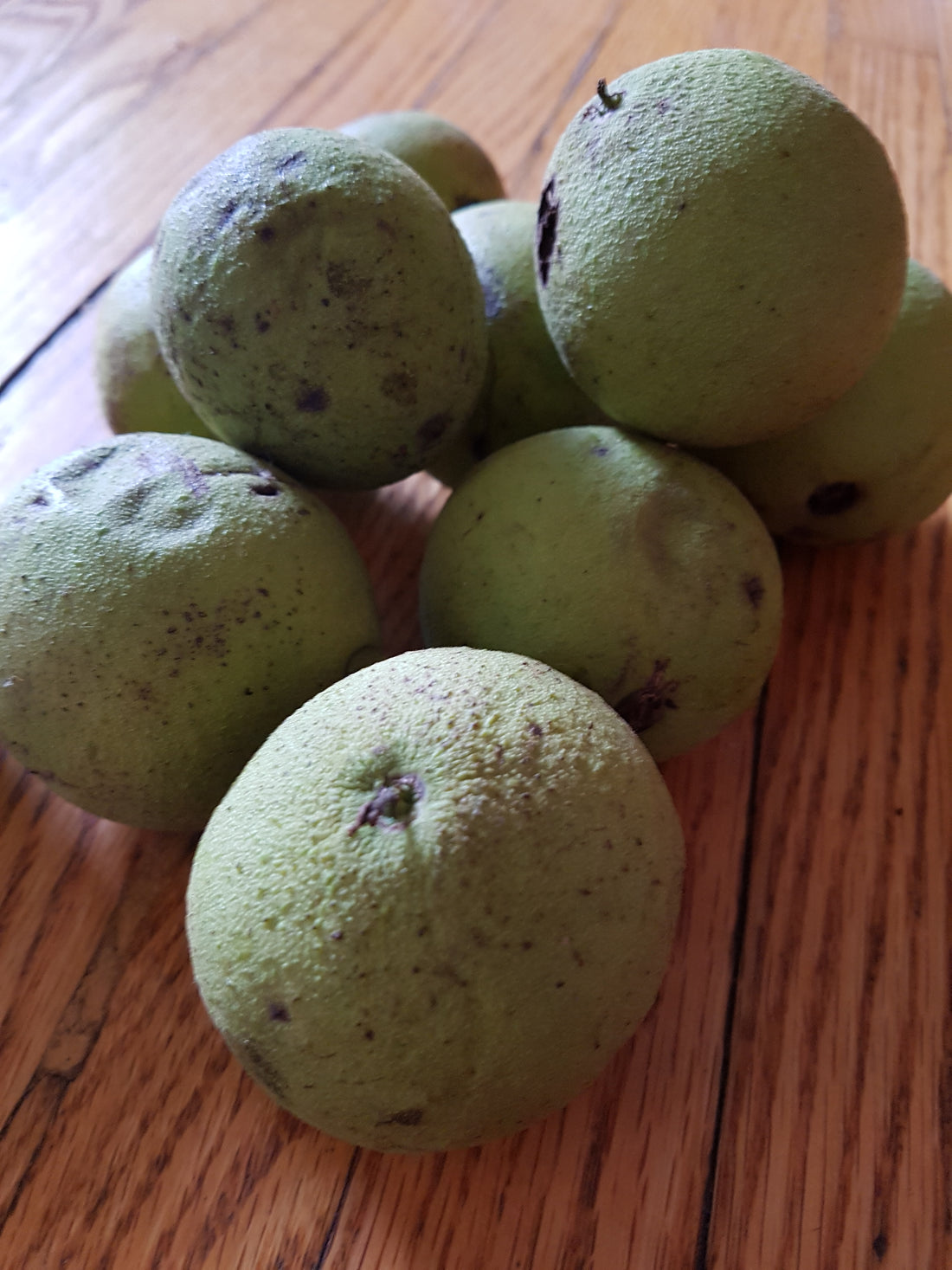 green black walnuts in a pile sitting on a wooden table.
